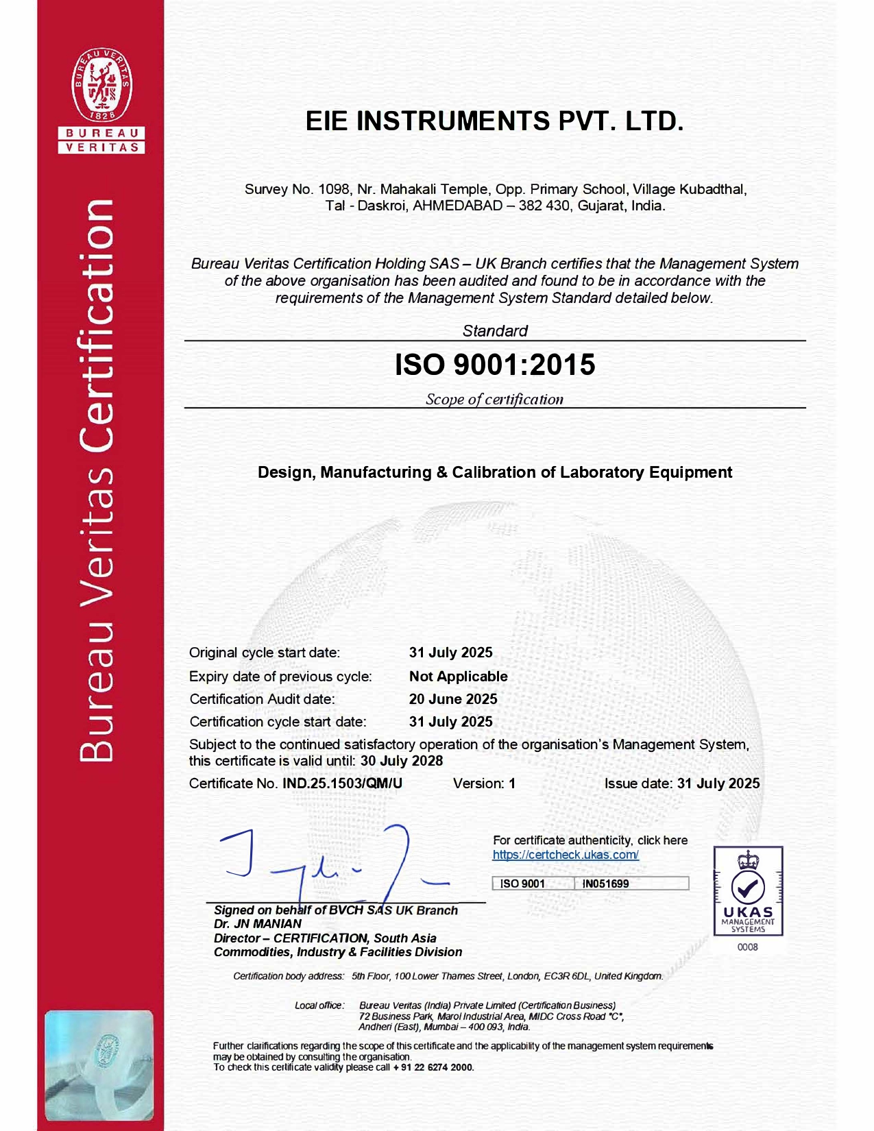 ISO 9001:2015 Certification - EIE Instruments